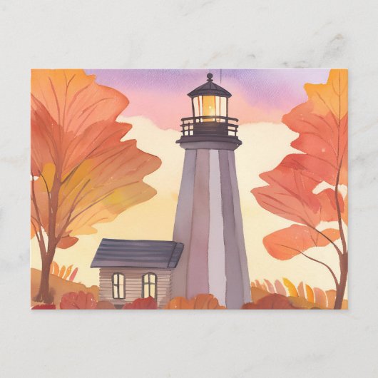 Carte Postale Phare d'automne | Aquarelle de feuillage d'automne (Devant)