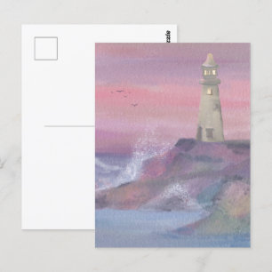 Carte Postale Phare de falaise côtière avec ciel rose