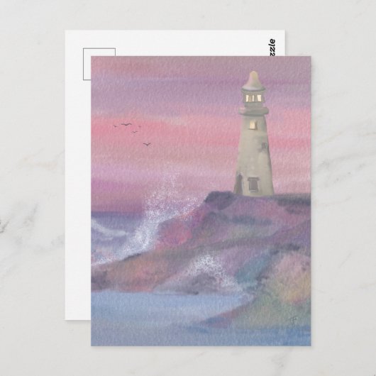 Carte Postale Phare de falaise côtière avec ciel rose (Devant / Derrière)