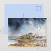 Carte Postale Phare de St Marys Aquarelle de Whitley Bay (Devant / Derrière)