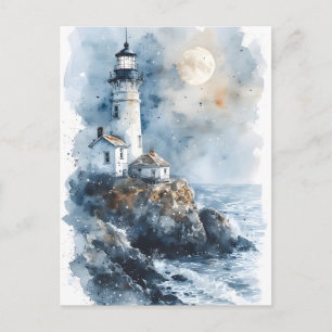 Carte Postale Phare éclairé par la lune sur une côte rocheuse