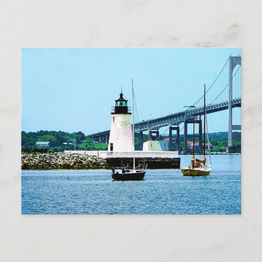 Carte Postale Phare, pont et bateaux, Newport, RI (Devant)