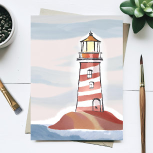 Carte Postale Phare rouge et blanc   Aquarelle de plage