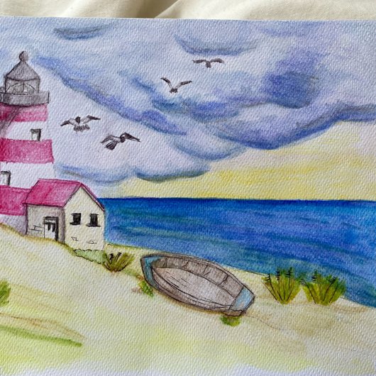 Carte Postale Phare sur bateau de pêche côtier océanique plage