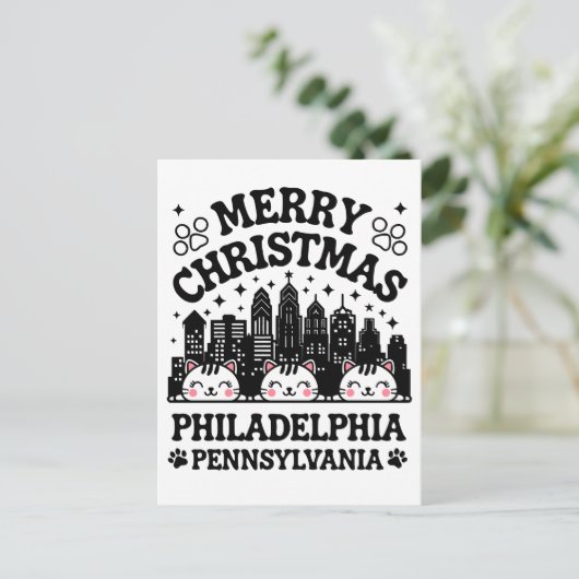 Carte Postale Philadelphia City Pennsylvanie Joyeux Noël chat (Debout devant)