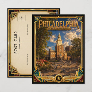Carte Postale Philadelphie Pennsylvanie Art Déco Doré Vintage