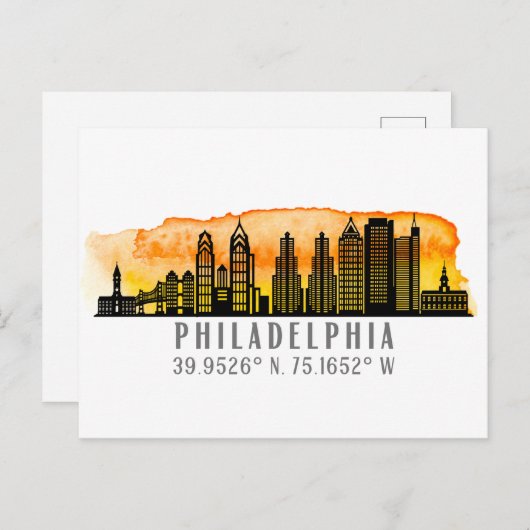 Carte Postale Philadelphie Sunset Skyline Map Coordinates (Devant / Derrière)