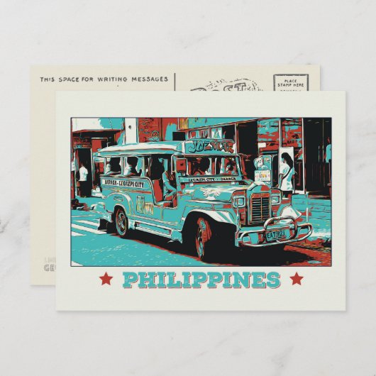 Carte Postale Philippines, une Jeepney emblématique à Manille (Devant / Derrière)