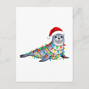Carte Postale Phoque de fête recouvert de lumières de Noël