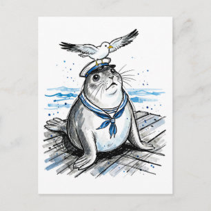 Carte Postale Phoque marin avec mouette dans une illustration à