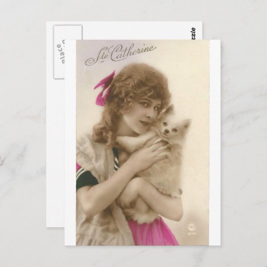 Carte Postale Photo ancienne femme victorienne et chien (Devant / Derrière)