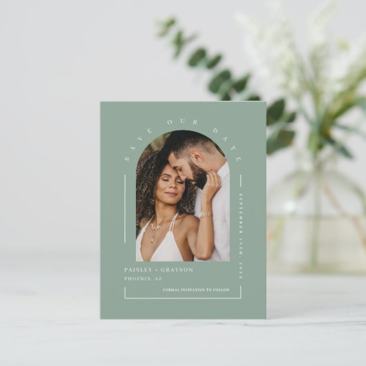 Carte Postale Photo Arc Vert Sage Moderne Code QR Enregistrer No (Debout devant)