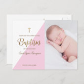 Carte Postale Photo Baptême moderne rose fille Merci (Devant / Derrière)