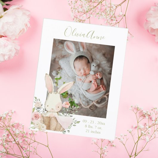 Carte Postale Photo Bunny Floral Faire-part de naissance d'aquar