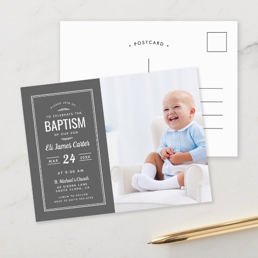 Carte Postale Photo de bébé gris moderne Baptême