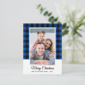 Carte Postale Photo de famille Bleu Buffalo Plaid Joyeux Noël (Debout devant)