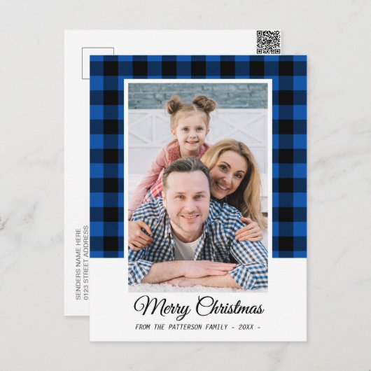 Carte Postale Photo de famille Bleu Buffalo Plaid Joyeux Noël (Devant / Derrière)