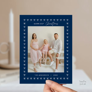 Carte Postale Photo de famille Noël avec motif de nœud bleu de l
