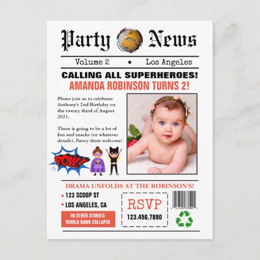 Carte Postale Photo de fête d'anniversaire de super-héros de jou (Devant)