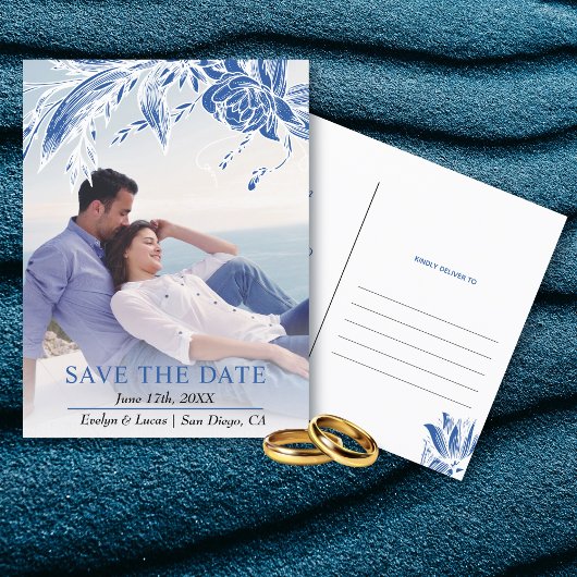 Carte Postale Photo de fleurs bleues et blanches Save the Date