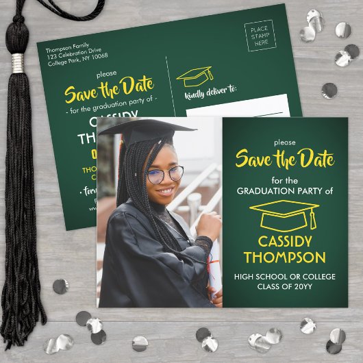 Carte Postale Photo de Graduation Vert et Or Enregistrer la date
