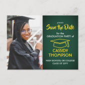 Carte Postale Photo de Graduation Vert et Or Enregistrer la date (Devant)