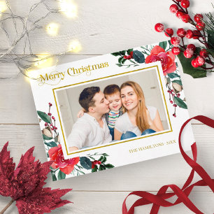 Carte Postale Photo de joyeux Noël floral aquarelle rouge