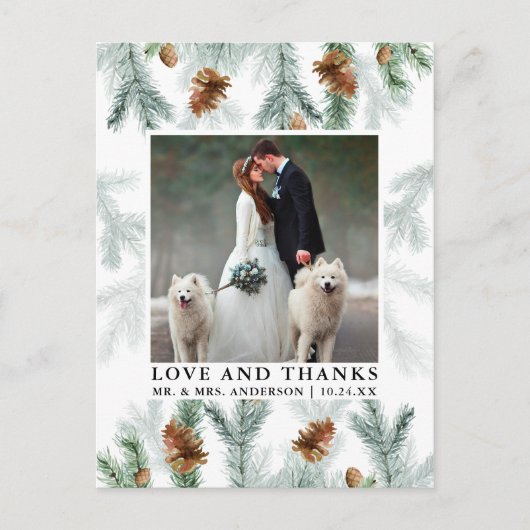 Carte Postale Photo de mariage d'amour de cônes de pin aquarelle (Devant)