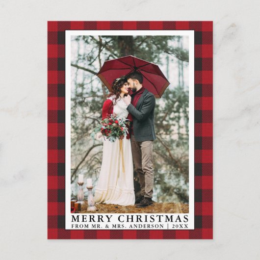 Carte Postale Photo de mariage de Noël plaid rouge buffle Merry (Devant)