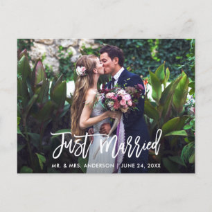 Carte Postale Photo de mariage Just Married en écriture moderne