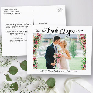 Carte Postale Photo de mariage Merci Cœur Calligraphie