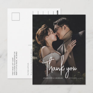 Carte Postale Photo de mariage moderne élégante écriture remerci
