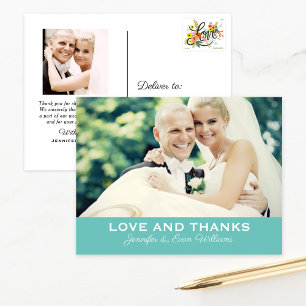 Carte Postale Photo de mariage Teal Bold Love et Merci