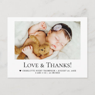 Carte Postale Photo de naissance de bébé fille Love et Merci Sta