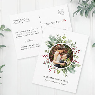 Carte Postale Photo de Noël botanique vert Marié et Joyeux