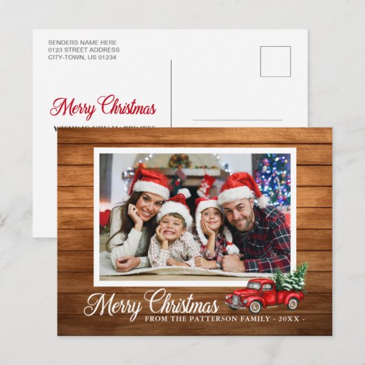 Carte Postale Photo de Noël Camion Rouge Style bois rustique (Devant / Derrière)