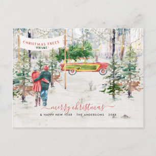 Carte Postale Photo de Noël de ferme d'arbres vintage aquarelle