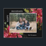 Carte Postale Photo de Noël de Poinsettia Happy Holidays<br><div class="desc">Jolie carte de famille avec des fleurs de bouquet poinsettia aquarelle peintes à la main et saint dans les couleurs vert et rouge baies profonde et arrière - plan noir. Facile à modifier carte en ajoutant votre famille Photo / image et texte. JOYEUX JOURS DE VACANCES - peut être changé...</div>