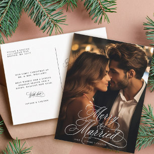 Carte Postale Photo de Noël des jeunes mariés Merry & Married