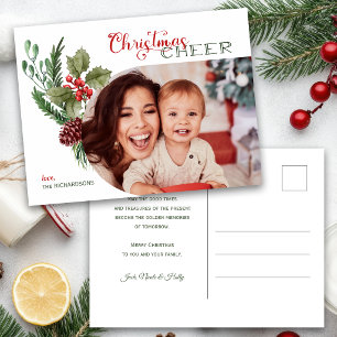 Carte Postale Photo de Noël Floral Moderne avec Écriture "Cheer"