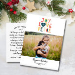 Carte Postale Photo de Noël Main tirée Joie Paix Amour<br><div class="desc">Étalez joyeuse fête avec cette carte postale avec votre photo horizontale accentuée par le texte "Joy Peace Love" écrit à la main Le côté arrière dispose de l'espace pour une note de vacances dactylographiée ou supprimer et laisser de l'espace pour en écrire une à la main. Ajoutez également votre adresse...</div>
