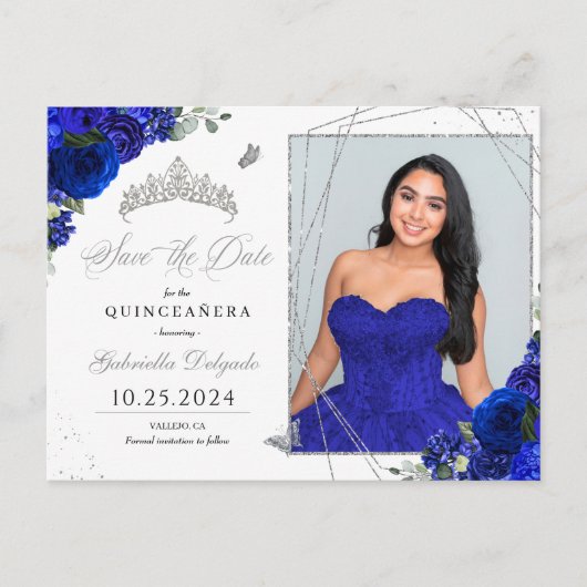Carte Postale Photo de Quinceañera au diadème bleu royal et arge (Devant)