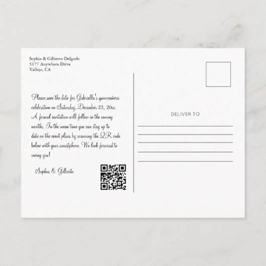 Carte Postale Photo de Quinceañera avec diadème bleu royal et or (Dos)