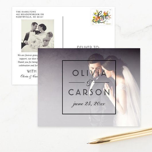 Carte Postale Photo de remerciement avec monogramme encadré mode