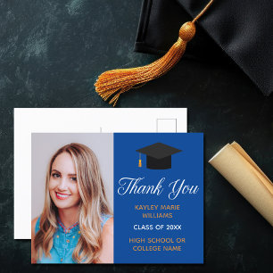 Carte Postale Photo de remise des diplômes Bleu Or Remerciement 
