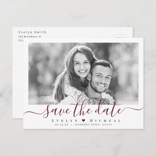 Carte Postale Photo de script burgundy simple et moderne enregis (Devant / Derrière)