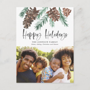 Carte Postale Photo de vacances de Noël à l'aquarelle de cône de