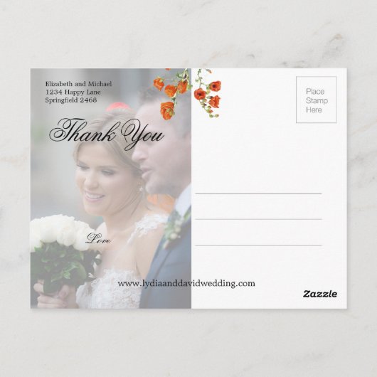 Carte Postale Photo Elegant Orange Floral Mariage Merci (Dos)