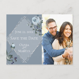Carte Postale Photo Enregistrer la date Dusty Blue Floral Argent