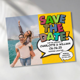 Carte Postale Photo Enregistrer la Date Fun Retro Bande Dessinée